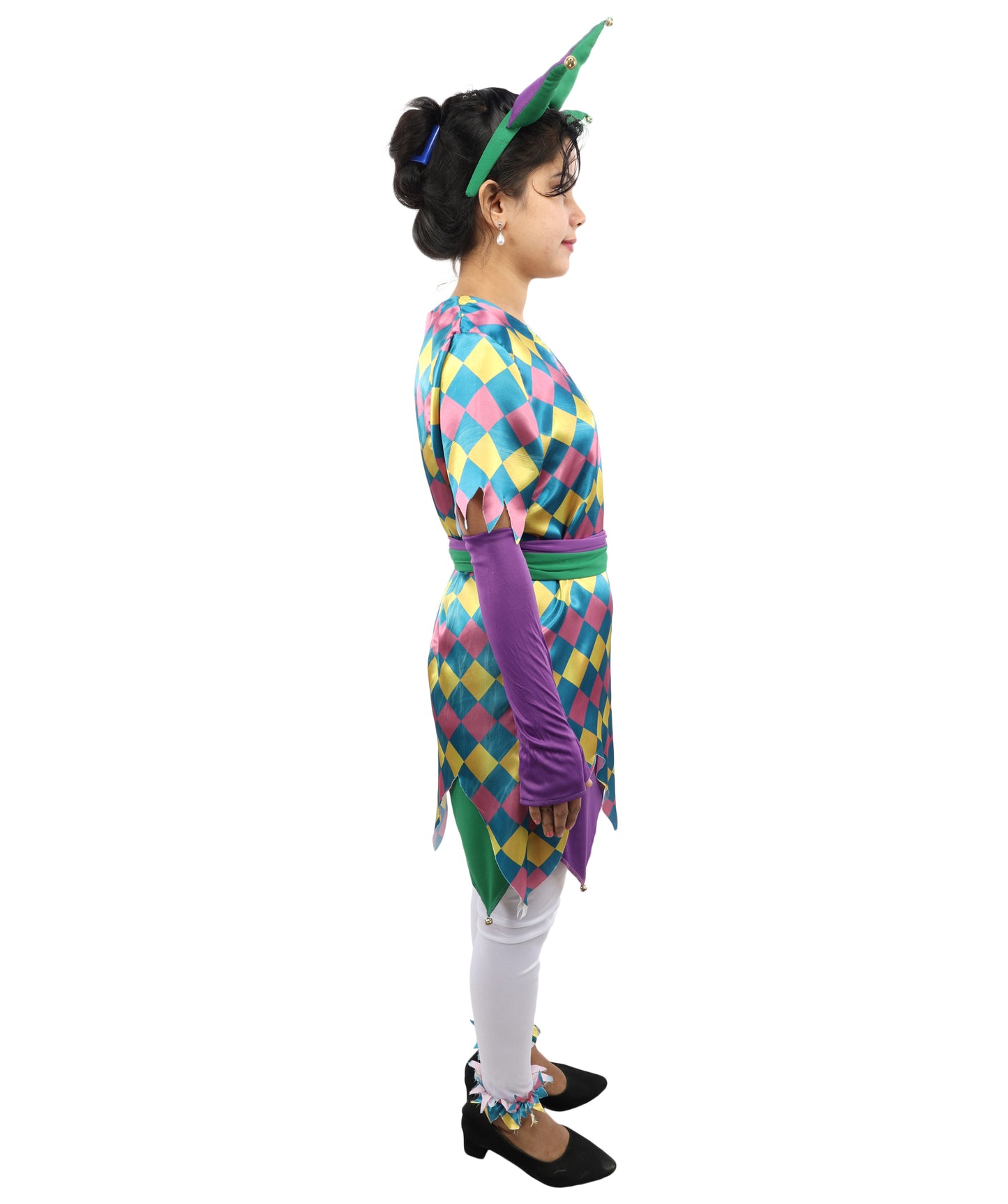 HPO Women's Sequin Jester Dress Costume – Multicolor Jester Style Outfit with Diamond Pattern | Party, Cosplay & Festival Wear