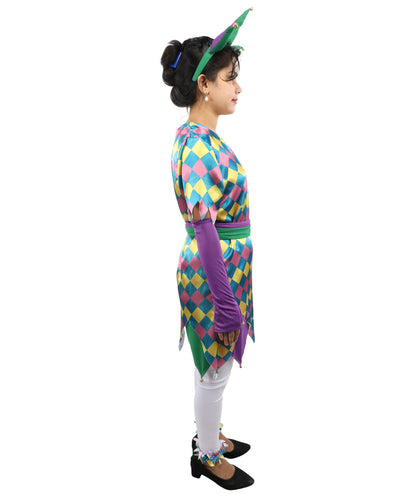 HPO Women's Sequin Jester Dress Costume – Multicolor Jester Style Outfit with Diamond Pattern | Party, Cosplay & Festival Wear