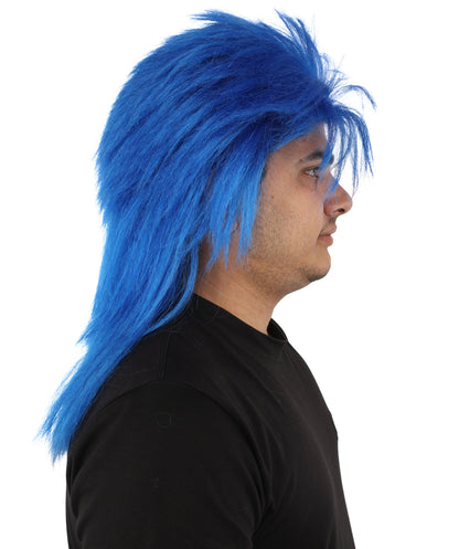 HPO Men's Two Tone Spirit Wig | Blue and White Messy Mullet Flame-retardant Synthetic Fiber | Halloween Themed Party Baseball Stadium Accessory