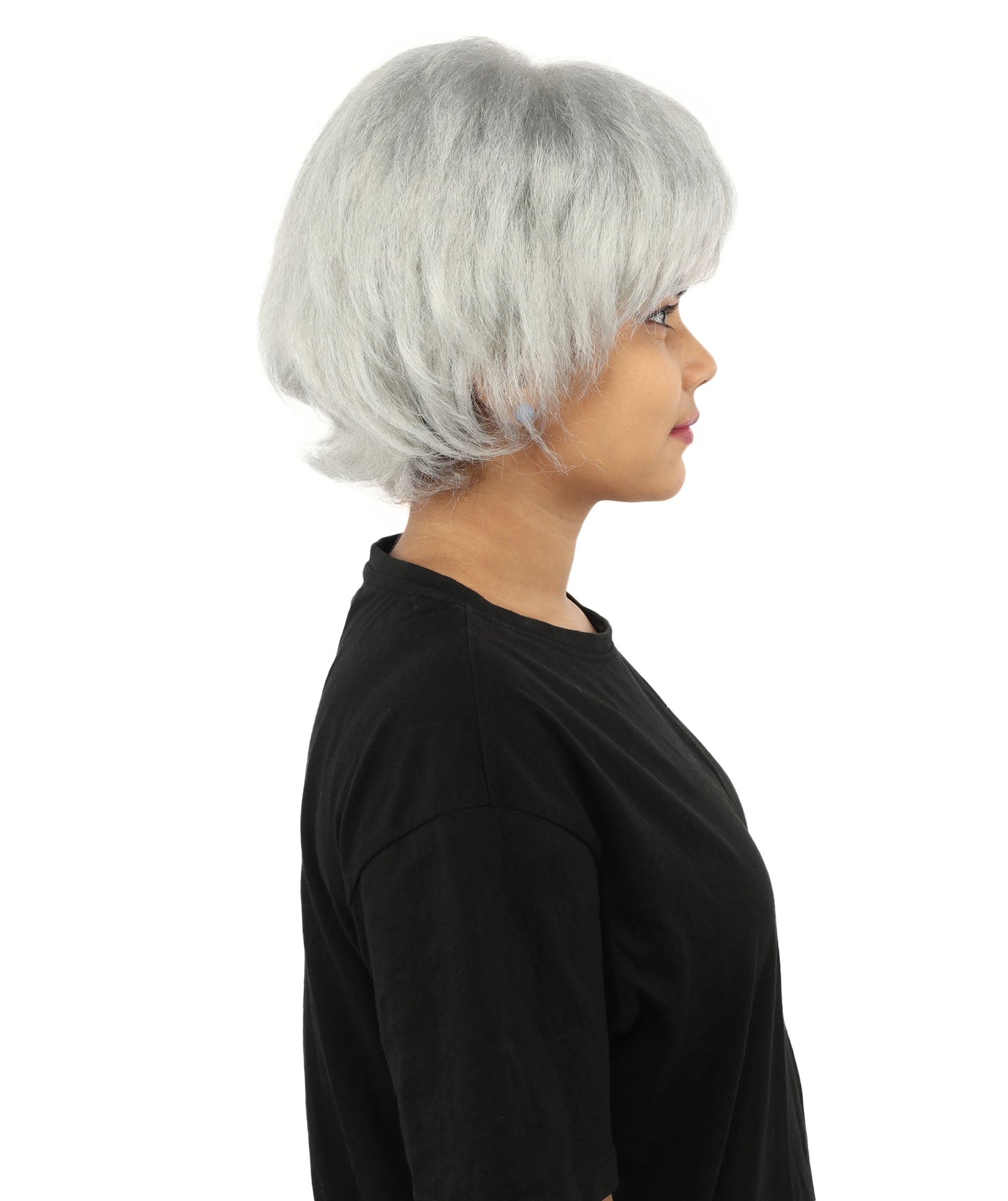 HPO Adult Women's Short Silver White Pixie Wig  | Edgy Layered Cut with Bangs | Synthetic Hair Wig for Stage Fashion, Cosplay, Halloween & Bold Party Looks