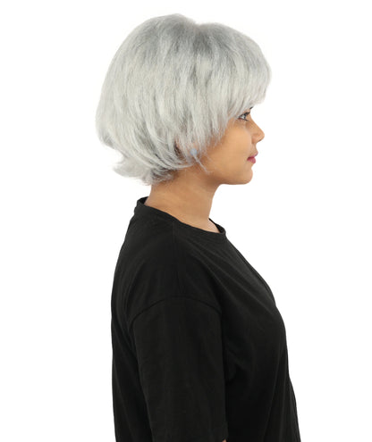 HPO Adult Women's Short Silver White Pixie Wig  | Edgy Layered Cut with Bangs | Synthetic Hair Wig for Stage Fashion, Cosplay, Halloween & Bold Party Looks