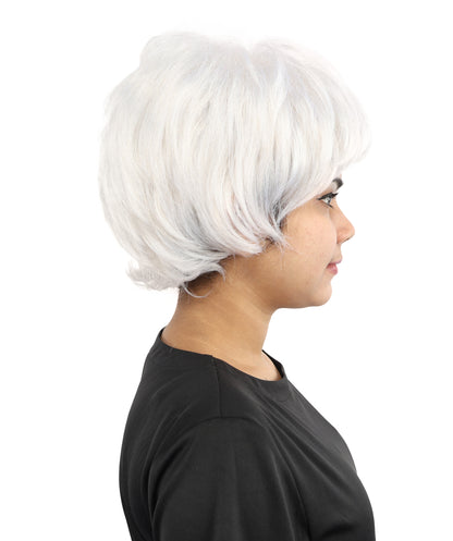 HPO Women's Short Silver White Pixie Wig  | Edgy Layered Cut with Bangs | Synthetic Hair Wig for Stage Fashion, Cosplay, Halloween & Bold Party Looks