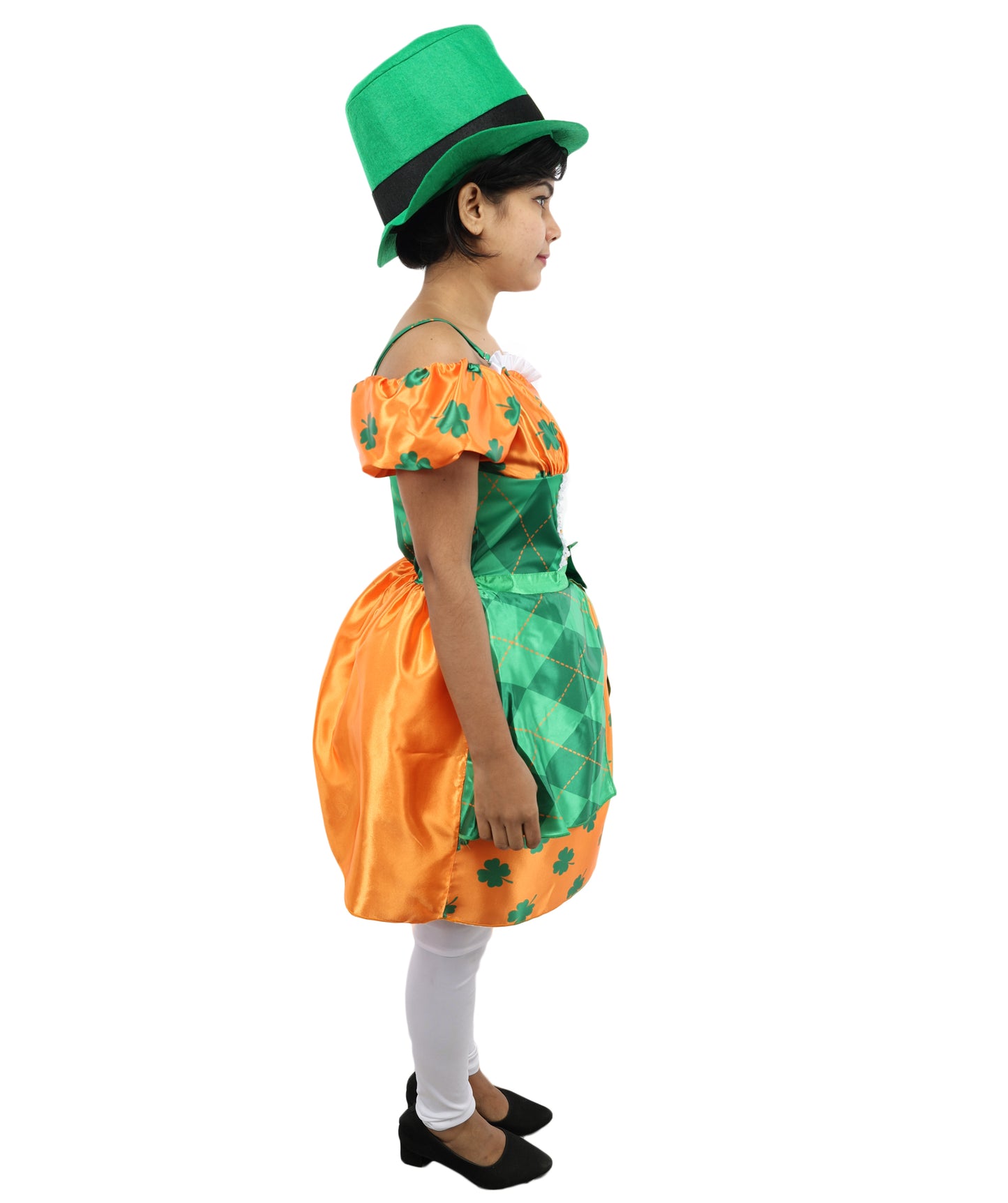 HPO Women Orange & Green Party Dress Costume with Hat | Colorful Event Outfit with Ruffle Skirt | Designed for Cosplay & Parties