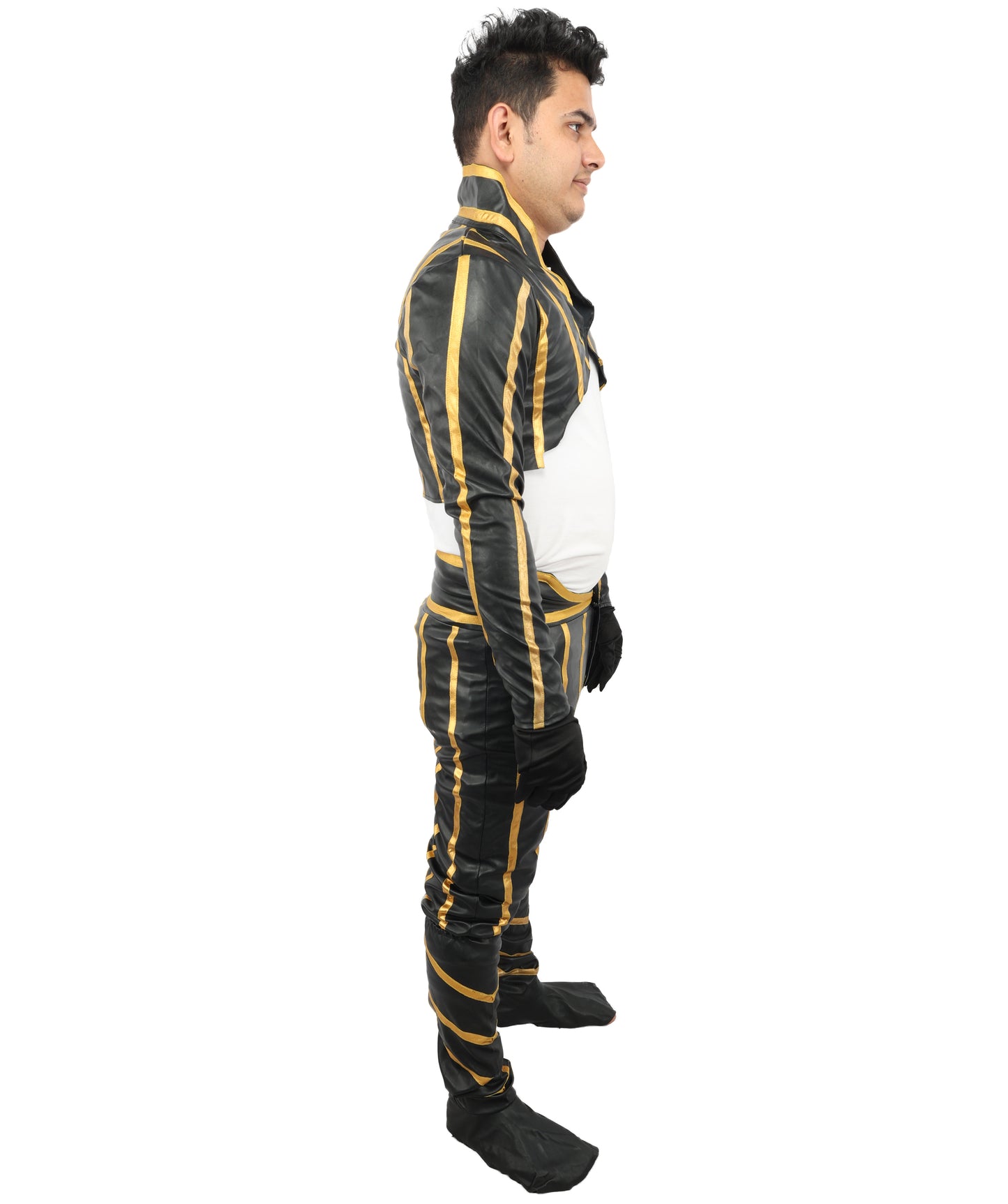HPO Men's Anime Fighter Combat Suit | Striking Black And Gold PVC Jersey Construction Featuring Pant, Dress, Hand gloves, And Leg Socks | Ideal for Party, Halloween, Cosplay, Theater, Drag, Performance, Costume Events