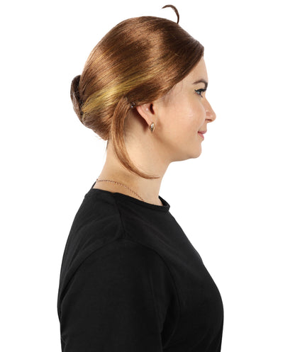 HPO Women’s Gaming Character Brown Low Bun Wig with Side Part | Synthetic Hairpiece | Ideal for Cosplay, Halloween, and Themed Events