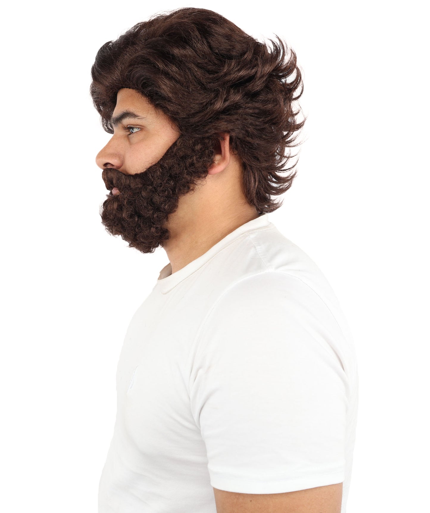 HPO Men’s Brown Wig with Moustache & Beard Set | Complete Wigs and Facial Hair Set | Costume Styling for Theme Events, Parties & Stage Roles