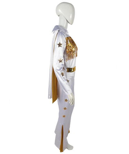 HPO Adult Women’s Elvis Jumpsuit Costume Set | Sparkling Rhinestone-Studded White Jumpsuit with Flared Legs & Matching Cape | Adjustable Fit | For Halloween Themed Events