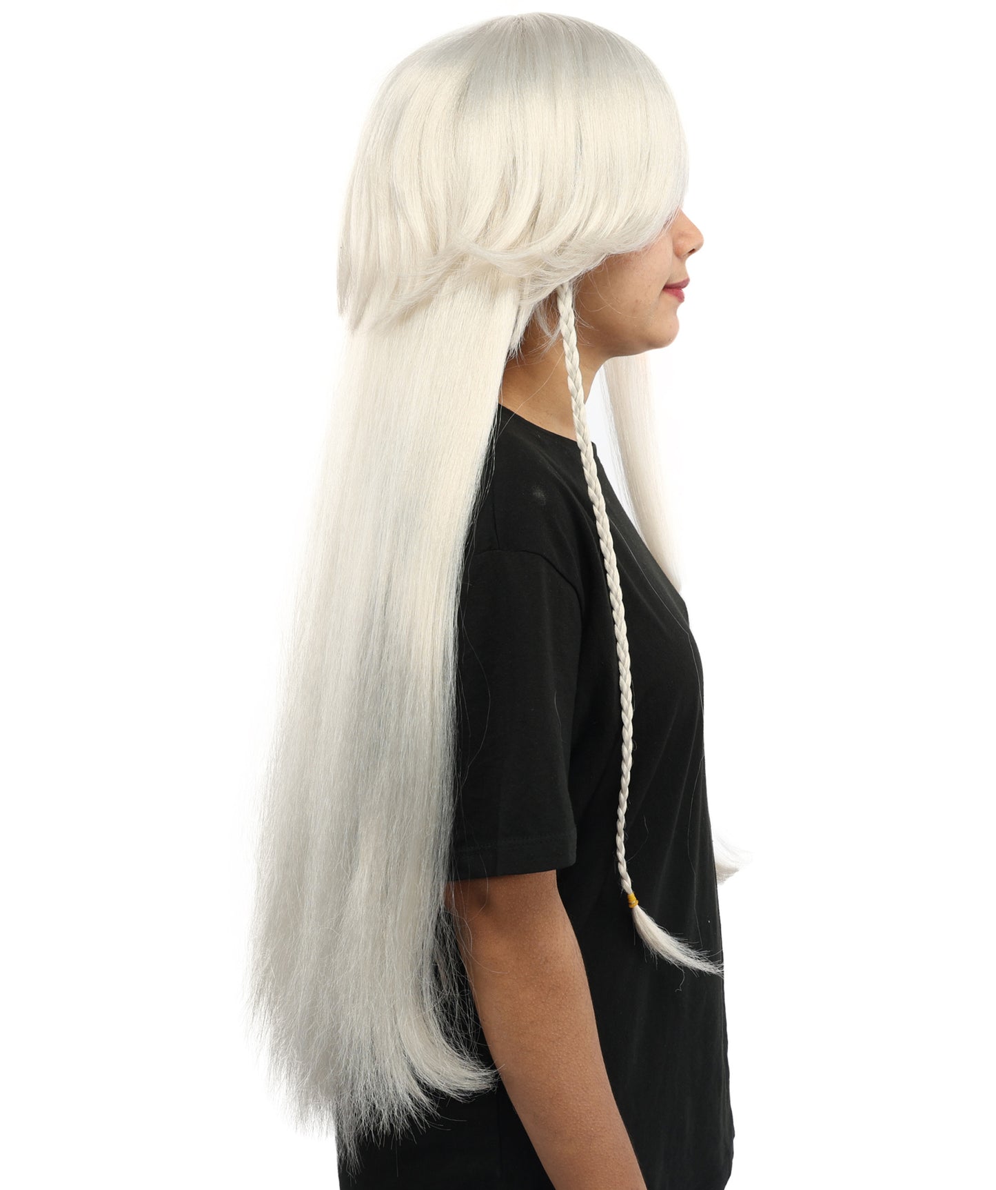 HPO Women’s 32” Silver Grey Bangs Wig | Extra Long Straight Synthetic Wig | Breathable Cap for Halloween, Roleplay, Theater, Party & Character Costumes