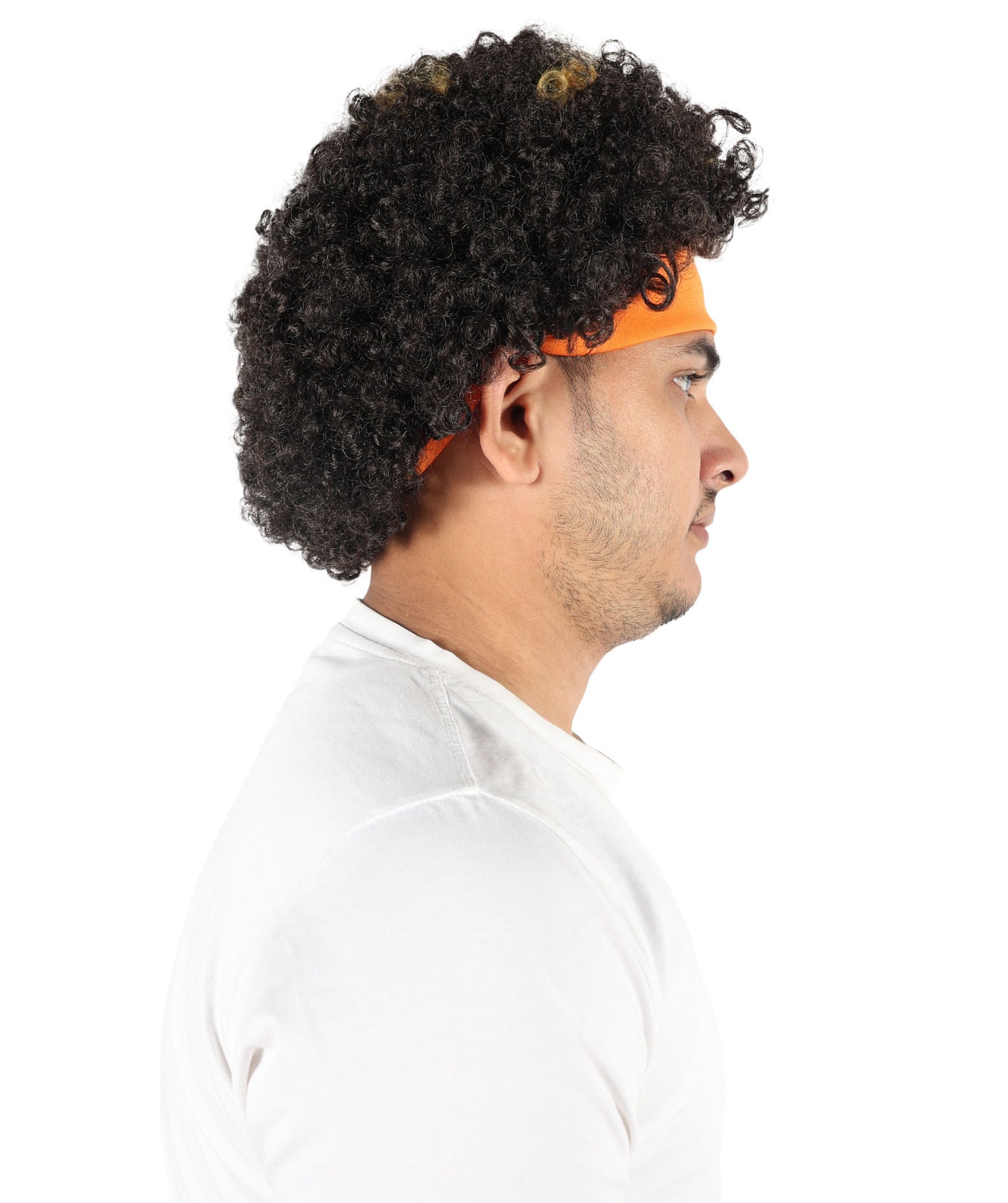 HPO Men's Brown & Golden Curly Afro Wig | 11” Synthetic Hair with Headband | Flame-Resistant Capless Cap Wig