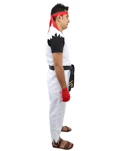 HPO Men's Martial Arts Fighter Outfit | White GI Costume with Body, Pant, Belt, Gloves, Headband | Video Game Fighter costume For Cosplay & Themed Battle Events
