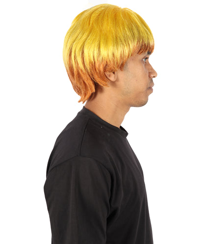 HPO Adult Men's Anime-Inspired Light Golden Yellow Blonde Highlight Spiky Cosplay Men Wig | Short Layered Hair Wig with Lightning Style for Halloween and Conventions