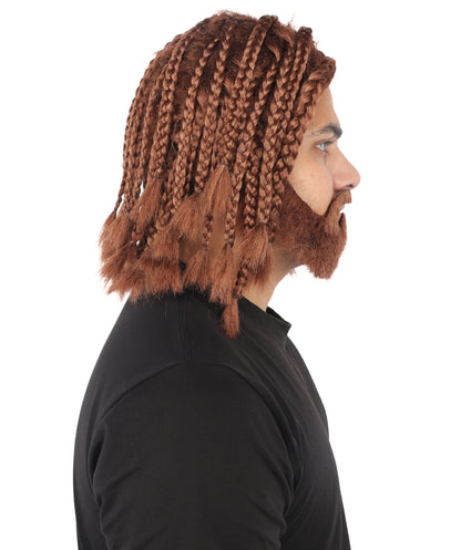 HPO Adult Men’s Brown Braided Warrior Wig with Matching Beard Set - Shoulder Length Braided Wig with Full Facial Hair Center Part and Fantasy Inspired Styling for Halloween Cosplay Events