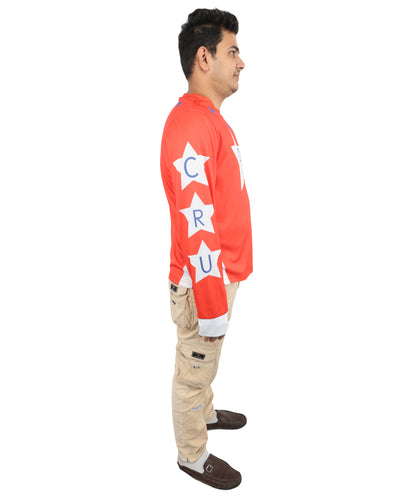 HPO Men's Vintage Stunt Biker Red Costume | Long Sleeve Jersey Knit with Bold Chest Logo | Versatile for Costume Parties, Stage Shows, and Retro Sports Themed Events