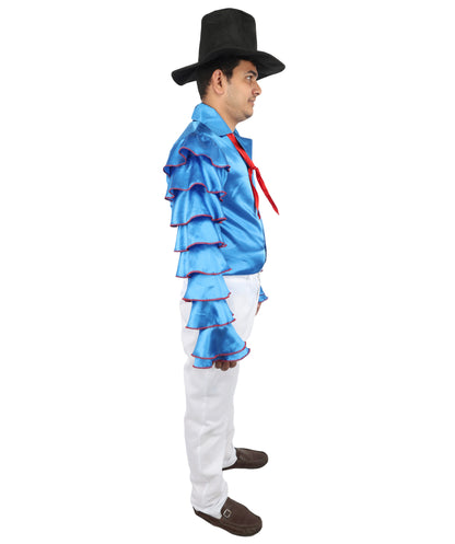HPO Men's Rhythmic Multicolor Uniform Costume | Tiered Ruffle Satin Sleeves with Contrast Neck Tie and White Trousers | Ideal for Cosplay, Halloween, Drag, and Latin Dance Performance Events