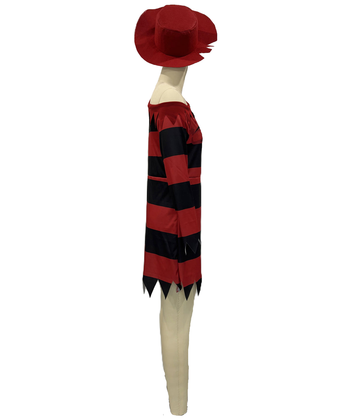 HPO Women's Striped Nightmare Costume | Two Tone Horizontal Patterned Tricot Jersey Dress With Classic Fedora Hat Accent | Halloween Cosplay Theater Drag Performance Costume Events