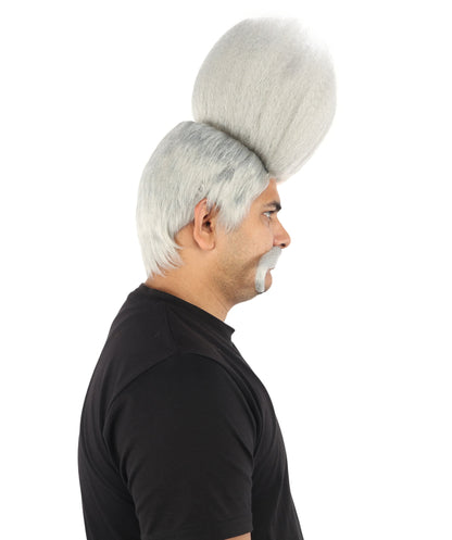 HPO Adult Men's Tall Flat Top Wig and Mustache | Vertical Dark Pompadour with Long Handlebar Facial Hair, Synthetic Fiber & Breathable Net | Halloween, Carnival, Stage Performance & Roleplay
