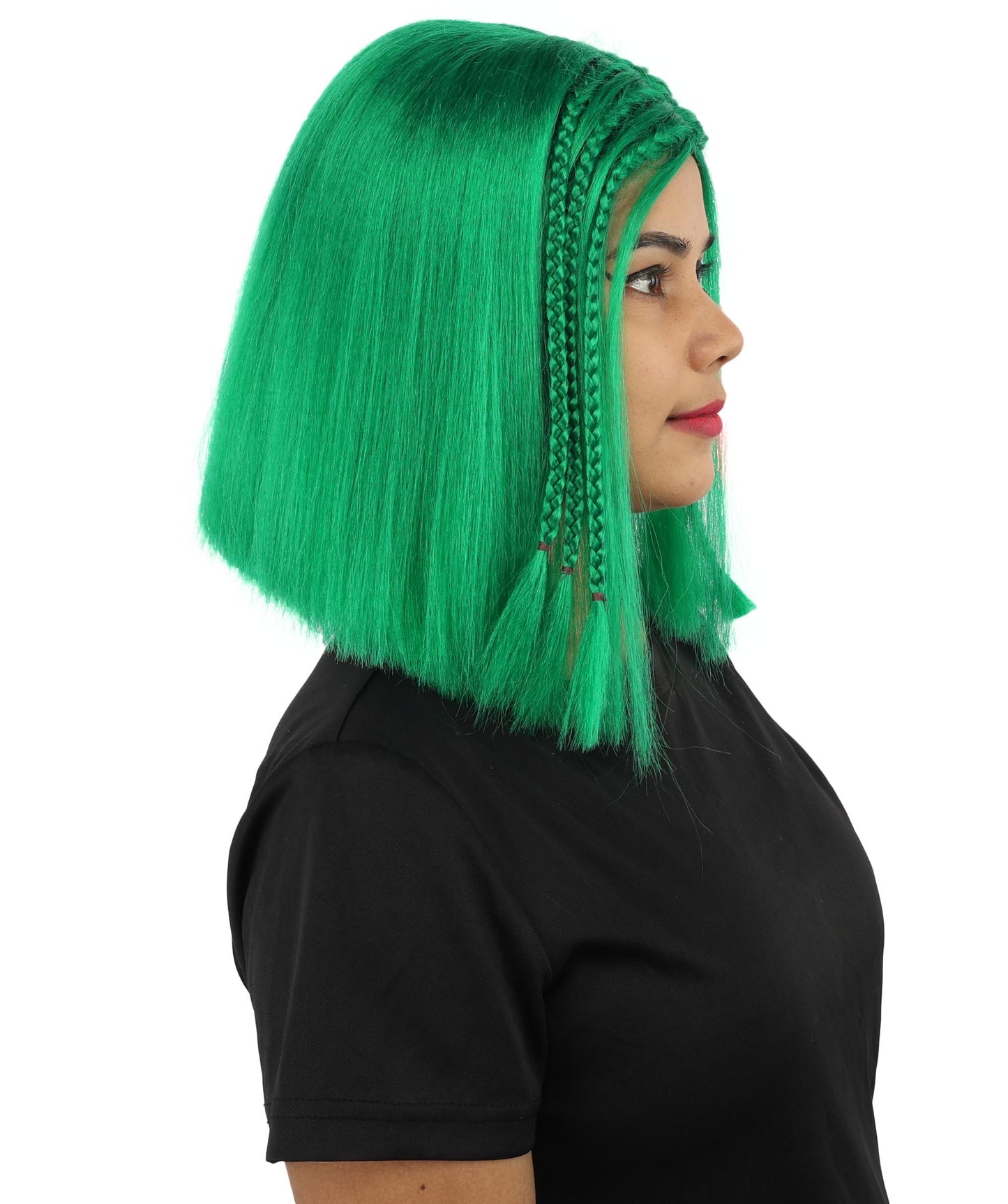 HPO Celebrity-Style 11 Inch Green Rooted Blonde Front Braided Straight Wig | Shoulder-Length Fun, Bold, and Stylish Hairpiece  | Ideal for Halloween, Cosplay, and Themed Parties