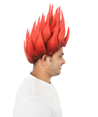 HPO Adult Men's Flame-Style Cosplay Wig | Fiery Red and Brown Spiky Hairstyle | Synthetic Wig for Halloween, Cosplay, Stage & Roleplay
