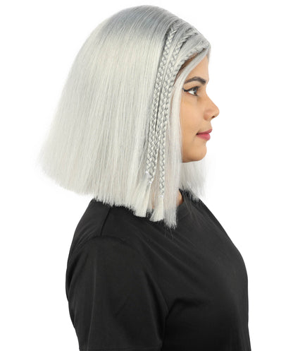 HPO Celebrity-Style 11 Inch Green Rooted Blonde Front Braided Straight Wig | Shoulder-Length Fun, Bold, and Stylish Hairpiece  | Ideal for Halloween, Cosplay, and Themed Parties