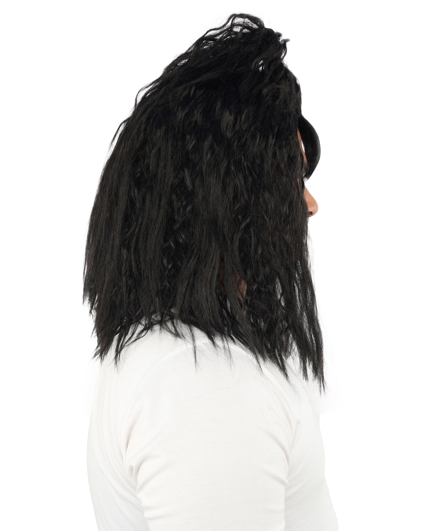 HPO Men's Heavy Metal Rockstar Black Wig | Dark wavy synthetic fibers with massive crimped volume and capless construction | Essential for theater performance drag Halloween costume events and party