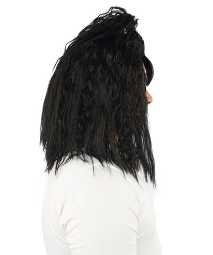 HPO Men's Heavy Metal Rockstar Black Wig | Dark wavy synthetic fibers with massive crimped volume and capless construction | Essential for theater performance drag Halloween costume events and party