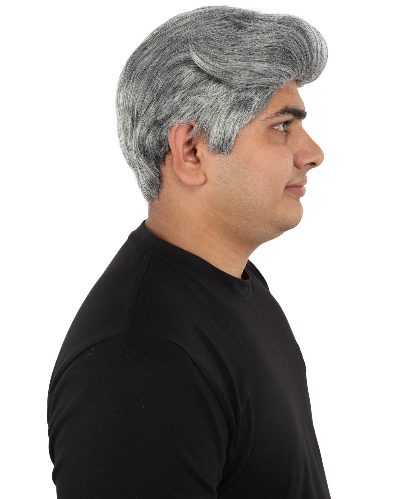 HPO Men's Silver Dark Grey Short Swept Wig | Flame-Retardant Synthetic Fiber with Capless Cap | Ideal for Theater, Halloween and Cosplay