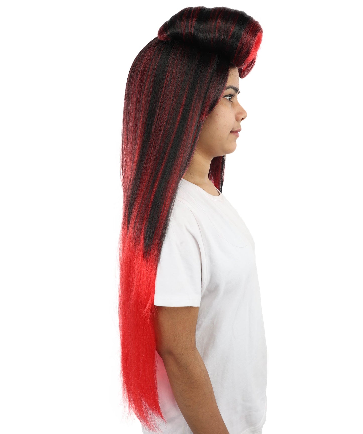 Women’s Straight Black Red Roller-Top Retro Wig | 60s Style Center Part Long Hair | Bold Fancy Dress Party Wig for Fashion, Halloween and Cosplay