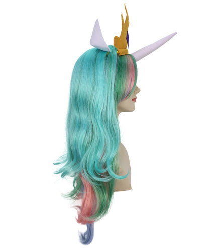 HPO Women’s Fantasy Unicorn-Inspired Long Pastel Rainbow Princess Wig with Horn and Crown | Halloween Wig | Flame-retardant Synthetic Fiber