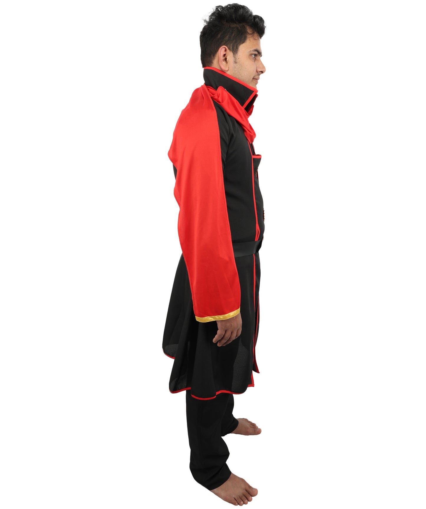 HPO Men's Anime Fantasy Adventurer Costume | Red & Black satin construction featuring a main dress, pant, and belt | Ideal for party, Halloween, cosplay, theater, drag, performance, costume events