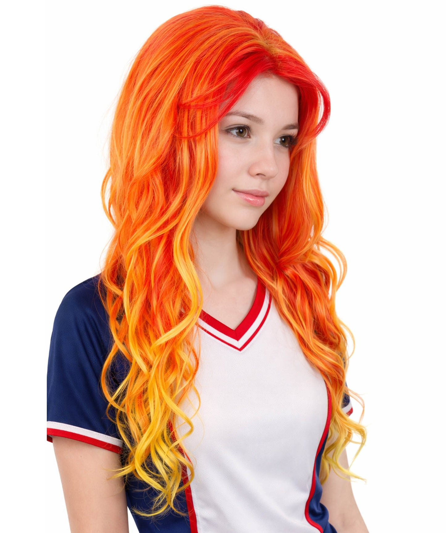 Women's Red and Yellow Color Wavy Long Length Trendy Flaming Beauty Wig