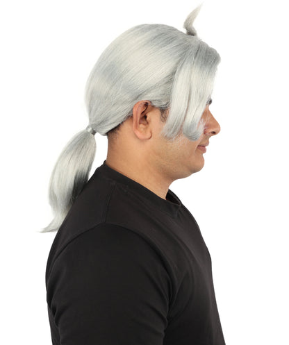 HPO Men's Golden Blonde Curtain Bang Wig | Shoulder Length Wavy Surfer Style, Heat Resistant Synthetic Fiber & Breathable Net | Halloween, Funny Roleplay, Theater, 90s Party & Costume Events
