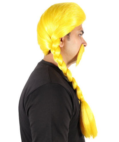 Voluminous Fashion Yellow Braided Pigtails Wig & Mustache | Bold Cartoon-Inspired Hairpiece for Halloween, Cosplay, Parties & Stage