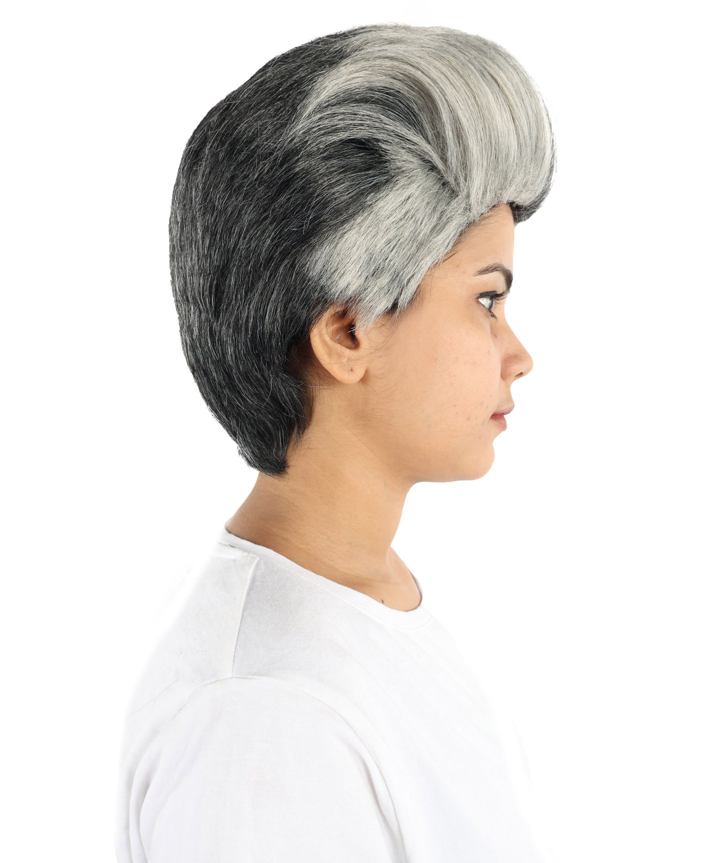 Hollywood Comedian-Inspired Wig | Short Curly Black & Grey Hairstyle | Adjustable Cap for Cosplay, Halloween, Parties, Stage & Roleplay
