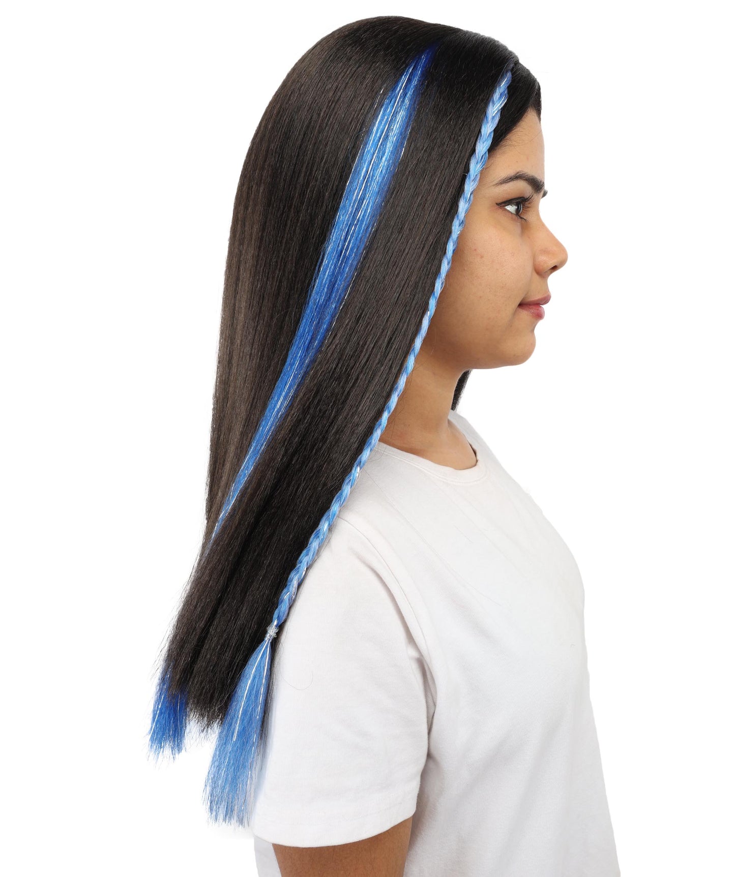 HPO Women's Sparkling Blue Tinsel Extension | Vibrant metallic blue hue, create of synthetic fiber and tinsel, long shimmering texture, clip-in base | Party, Halloween, theater, drag, performance, costume events