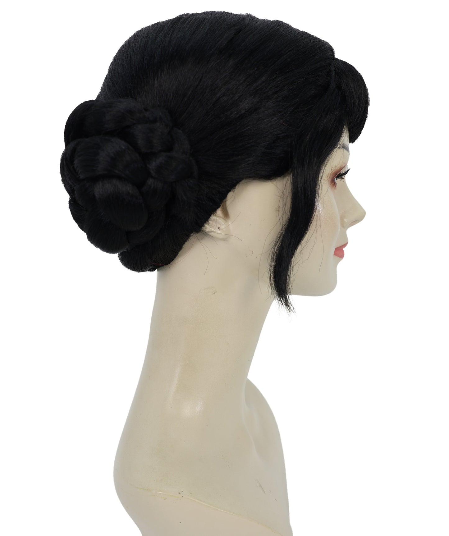 HPO Adult Women’s Popular K-Pop Demon Hunter Wig Black High Bun with Front Bangs | Halloween Wig | Futuristic Pop Star Warrior Look