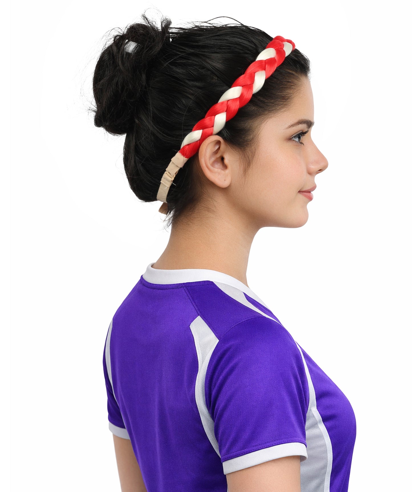 HPO Women's Multinational Braided Hairband | Textured red and white synthetic fibers woven into a twisted headband with elastic backing | Ideal for party, Halloween, cosplay, theater, drag, performance, costume events