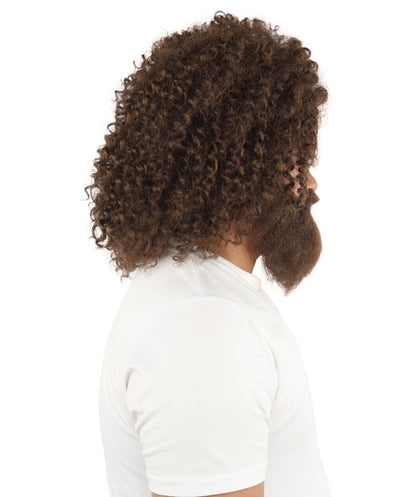 HPO Men's Wild Caveman Orange Wig Beard & Mustache Set | Massive Frizzy Orange Afro and Full Beard Set with Messy Texture | Prehistoric Costume, Viking Cosplay, Halloween, and Funny Party Props