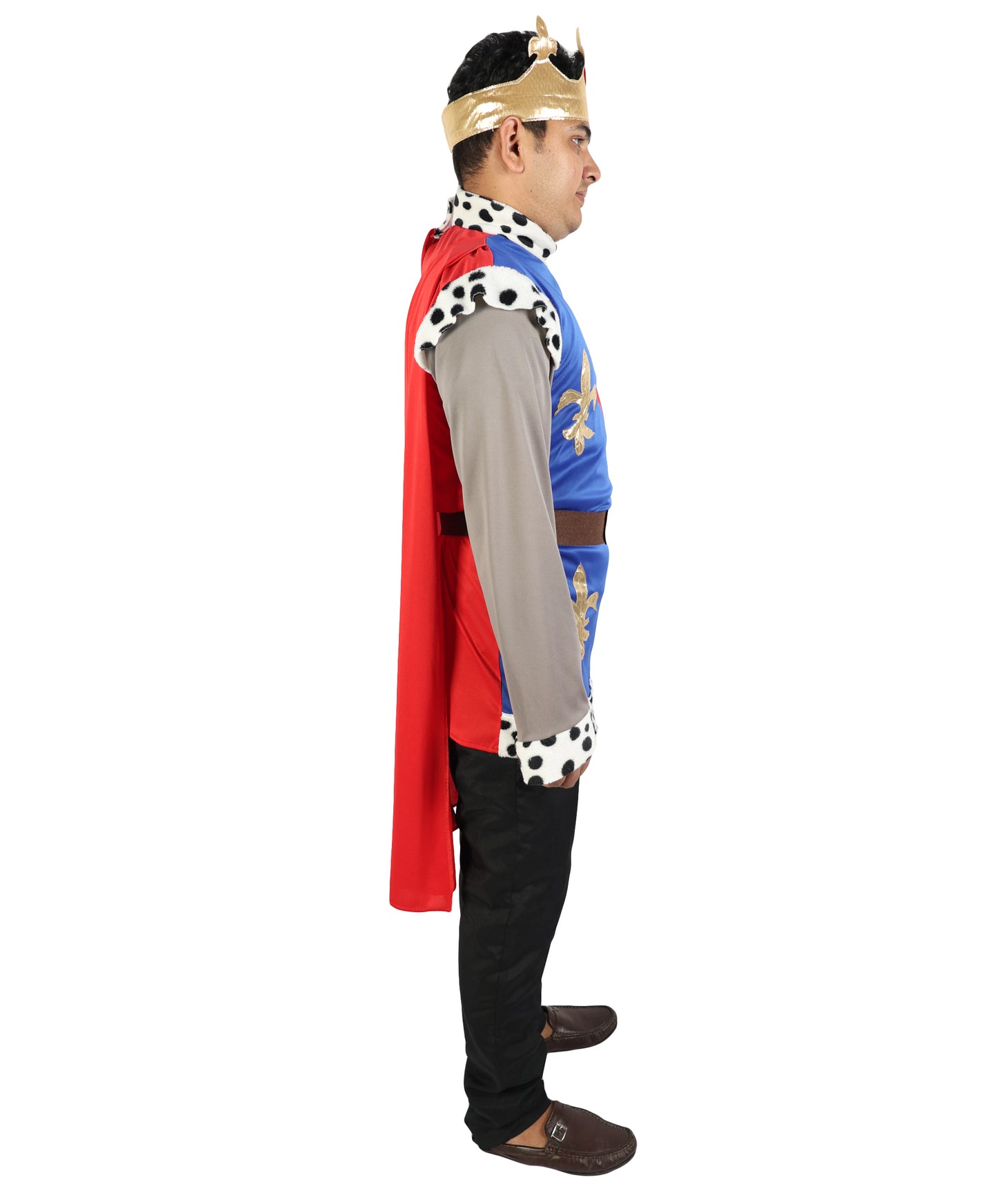 HPO Men's King Arthur Multicolor Costume | Medieval Royal Prince Fleur-de-lis Tunic Fabric Cape Mock Chainmail Sleeves Crown Set | Youth Camelot Cosplay Historic Pageant Theater Performance Costume Events