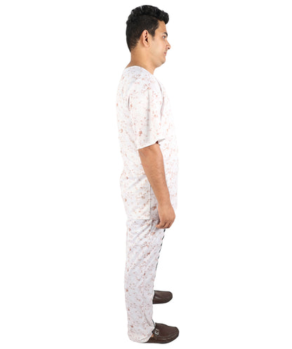 HPO Men's Asylum Inmate White Costume | Distressed State Penitentiary Jailbird Scrub Top and Trousers Combo | Halloween Horror Cosplay Theater Performance Wardrobe Piece