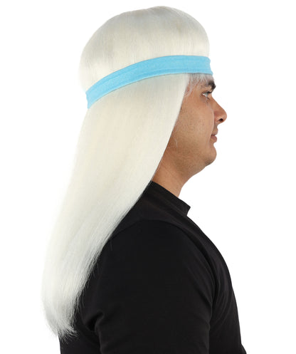 HPO Men's Long Auburn Wig with Headband | Straight Reddish Texture with Blunt Bangs & Included Teal Band, Heat Resistant Fiber | Halloween, Troll Roleplay, Fantasy Party, Carnival & Theater