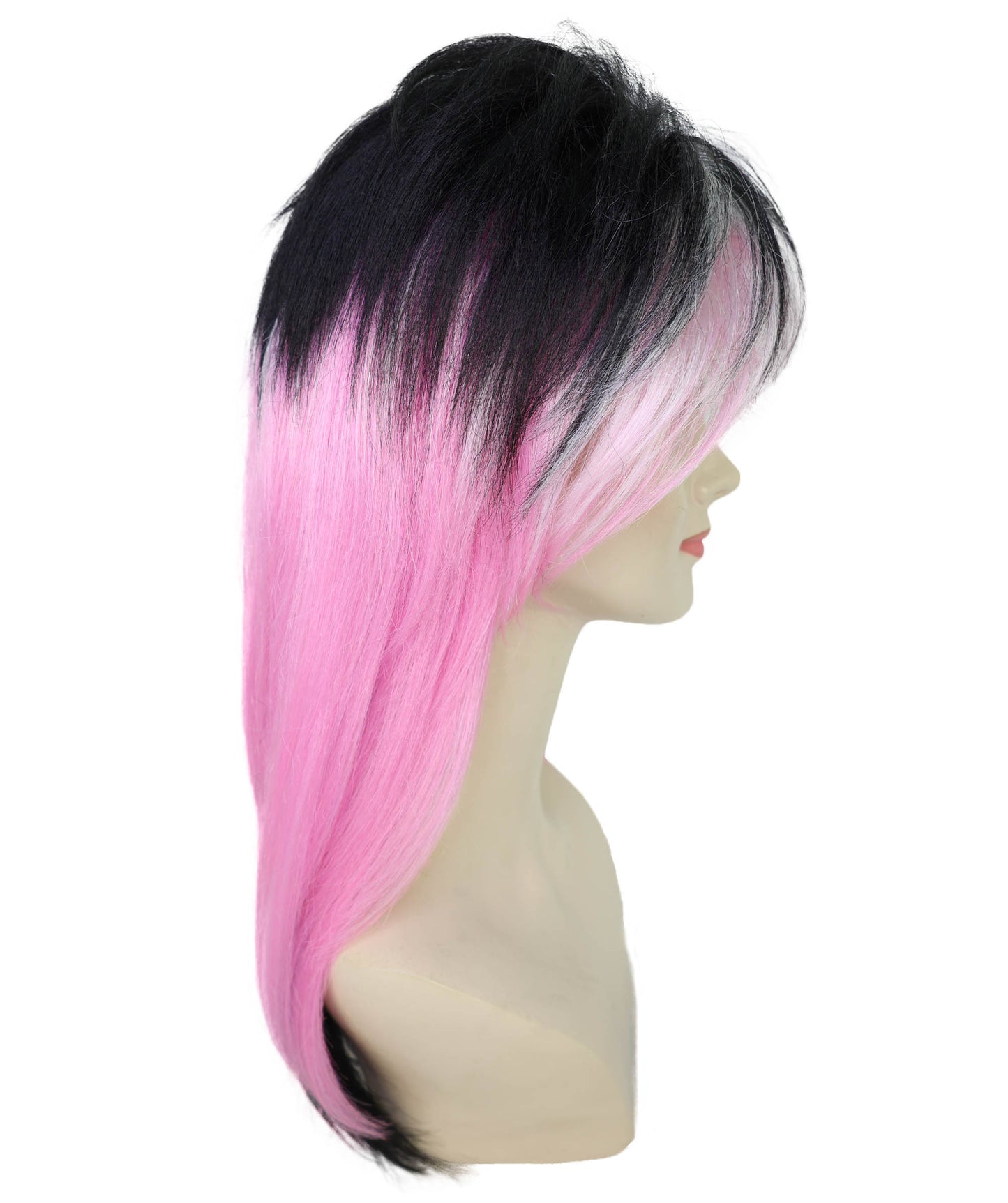 HPO Adult Women’s  80’s Rock Star Wig | Black & Pink Layered Hair for Halloween & Themed Parties| Breathable Capless Cap