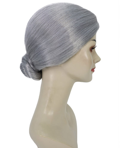HPO Adult Female EG Old Woman Grey Straight Bun Wig, Synthetic Fiber Hair, Perfect for Halloween & Themed Parties, Breathable Capless Cap, Flame-retardant Synthetic Fiber