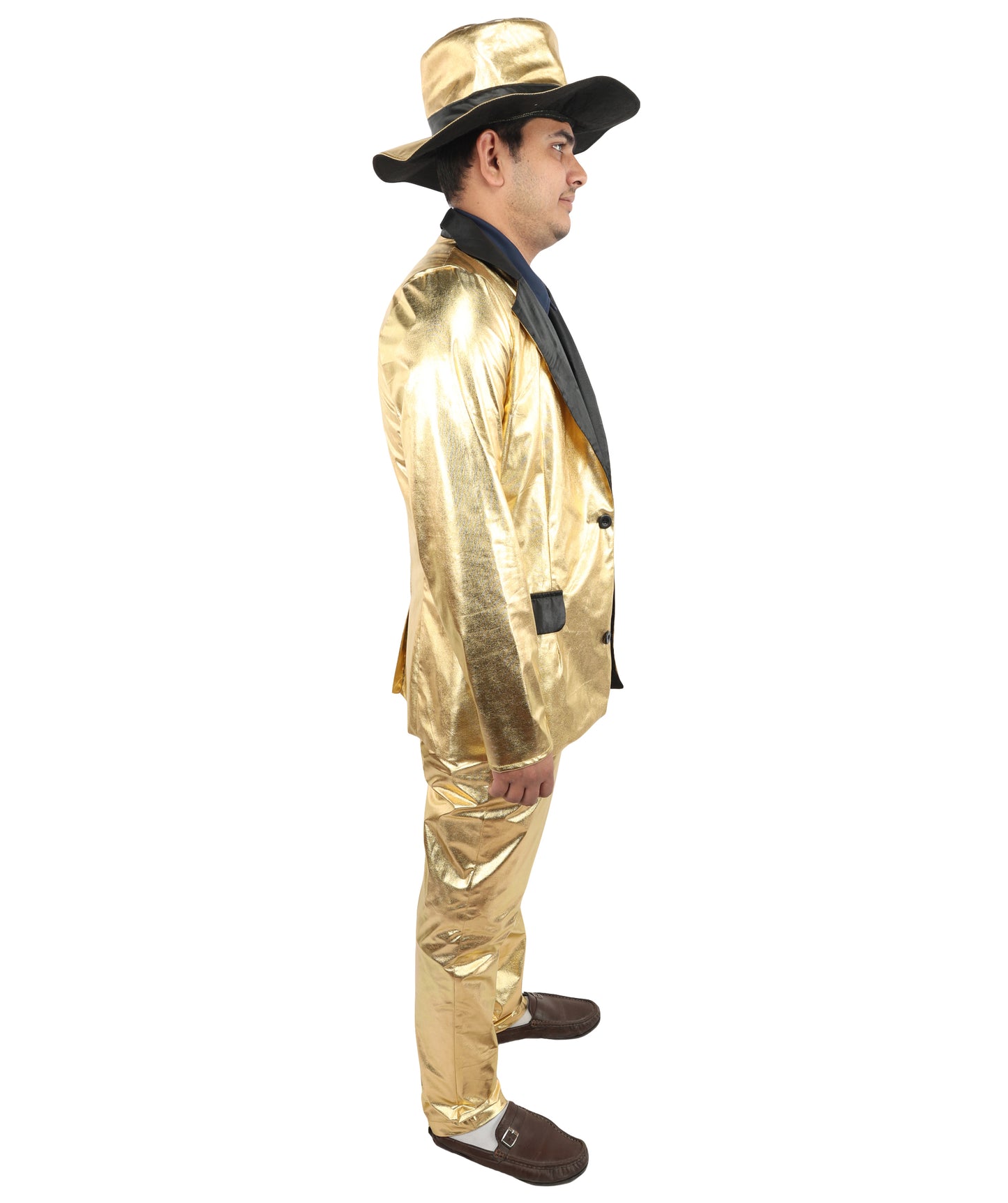 HPO Men's Metallic Gold & Black Pimp Suit | Shiny PVC and Satin Finish with Matching Hat T-Shirt and Belt | Ideal for Cosplay, Halloween, Drag, and 1970s Theme Performance Events