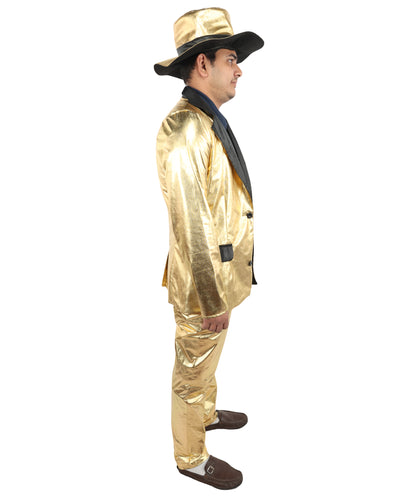 HPO Men's Metallic Gold & Black Pimp Suit | Shiny PVC and Satin Finish with Matching Hat T-Shirt and Belt | Ideal for Cosplay, Halloween, Drag, and 1970s Theme Performance Events
