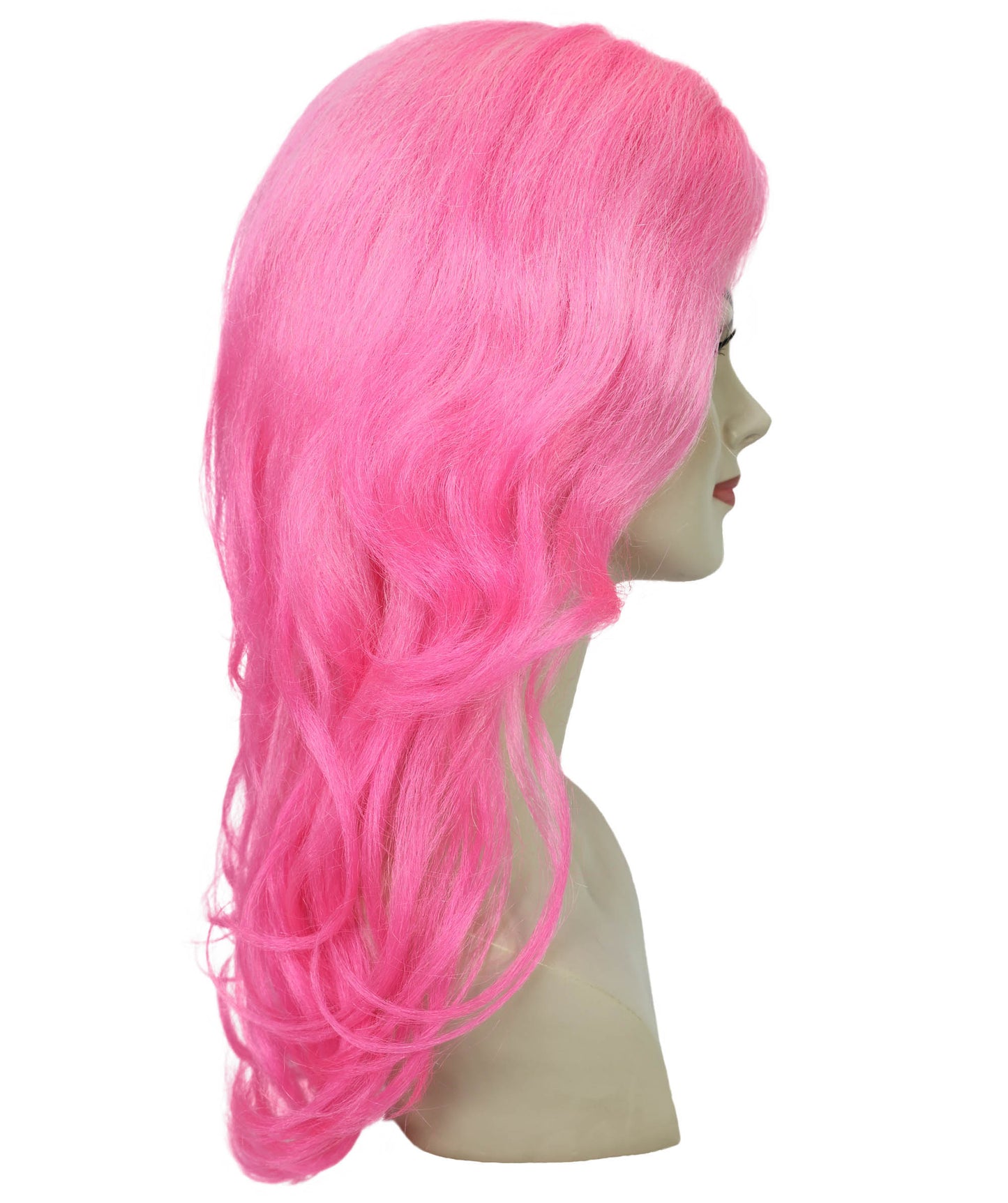Adult Women’s Vibrant Pink Curly Long Wig | Silk Center-Part Hair Piece for Glam Looks | Flame-Retardant Synthetic Fiber | Ideal for Halloween and themed party