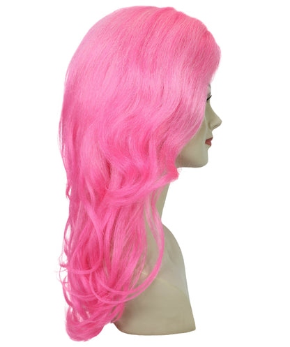 Adult Women’s Vibrant Pink Curly Long Wig | Silk Center-Part Hair Piece for Glam Looks | Flame-Retardant Synthetic Fiber | Ideal for Halloween and themed party