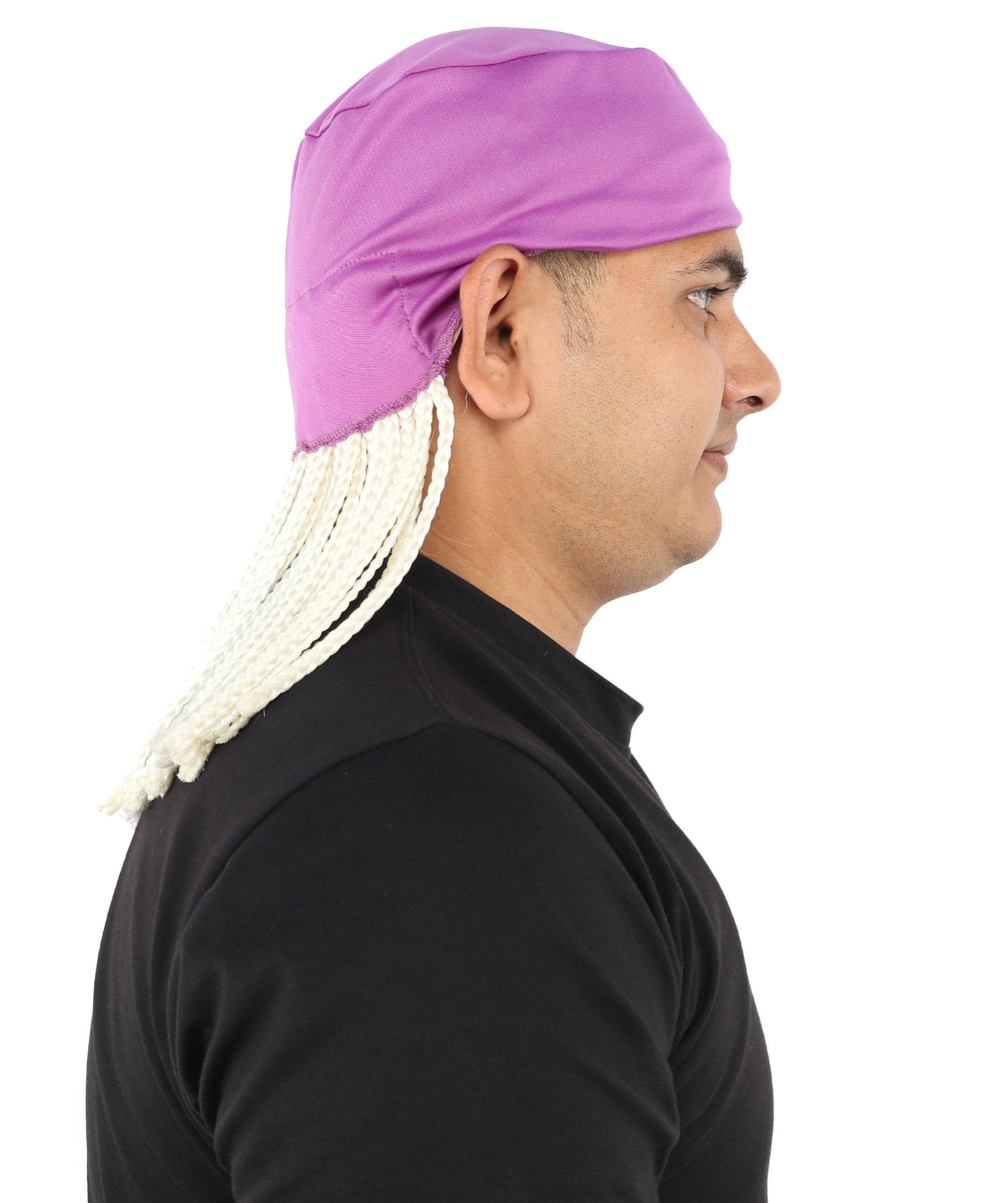 Men’s Movie Character Inspired Black Braided Wig with Purple Head Wrap Hat | Flame-retardant Synthetic Fiber | Ideal Hairpiece for Cosplay & Halloween
