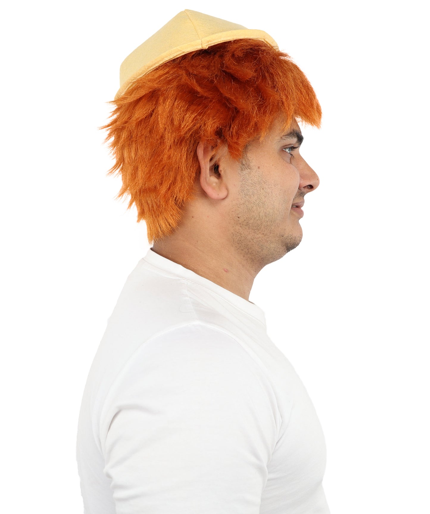 HPO Men's 10 Inch Auburn Wig with Yellow Hat | Short Tousled Style Lightweight Capless Cap | Ideal for Cosplay, Theater & Dress-Up Events