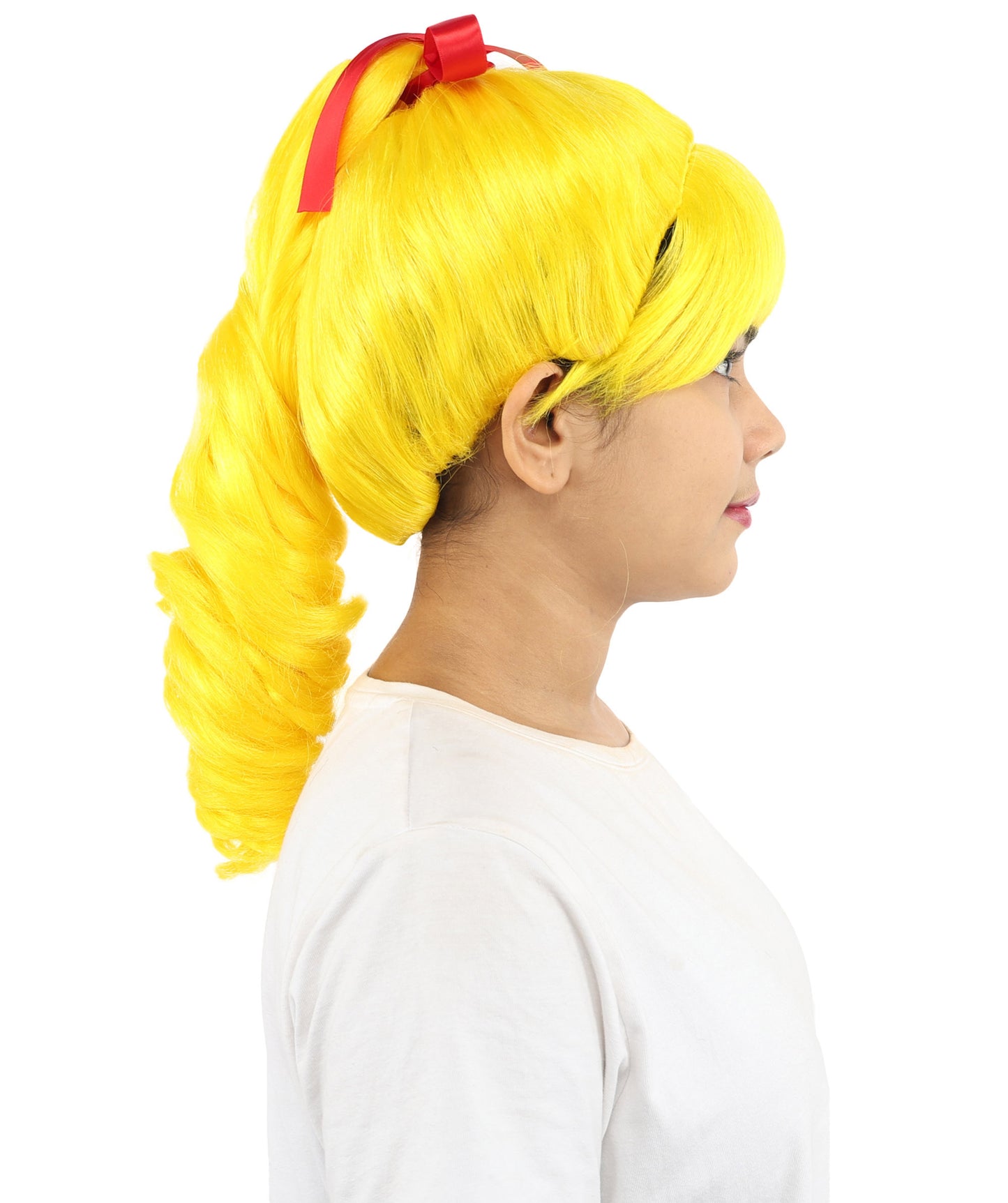 HPO Women's Spiral Ponytail Wig | Multicolor Options | High Updo with Red Ribbon Bow & Bangs, Heat Friendly Synthetic Fiber & Breathable Cap | Halloween, Christmas Event, Themed Party, Theater & Roleplay