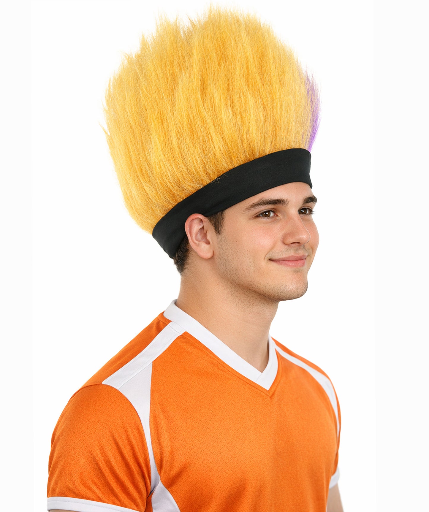 HPO Men's Purple and Golden Spiky Wig | Short Upright Mohawk Style Flame-retardant Synthetic Fiber Headband Design | Halloween Themed Party Dress Up Sports Fan Accessory